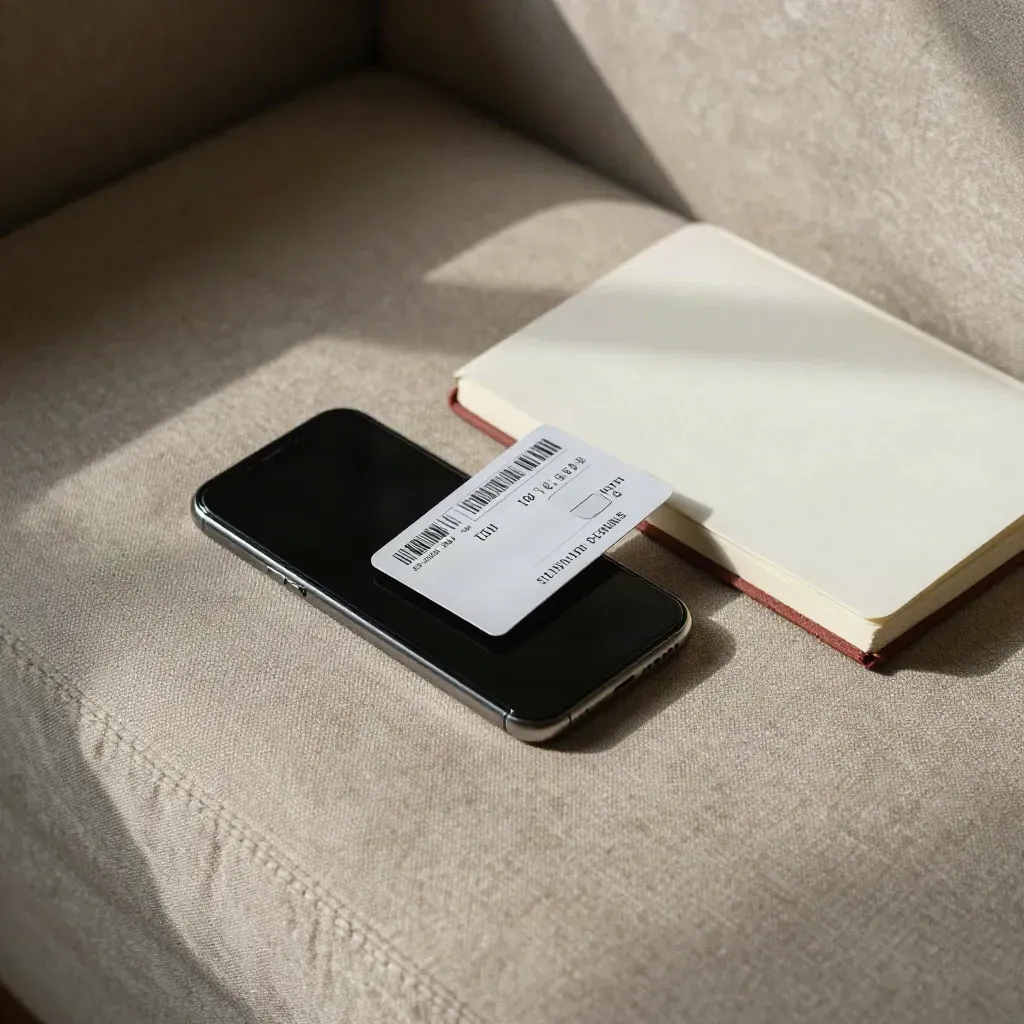 Smartphone e carta bancaria separati dopo un alert phishing su un bracciolo di divano
