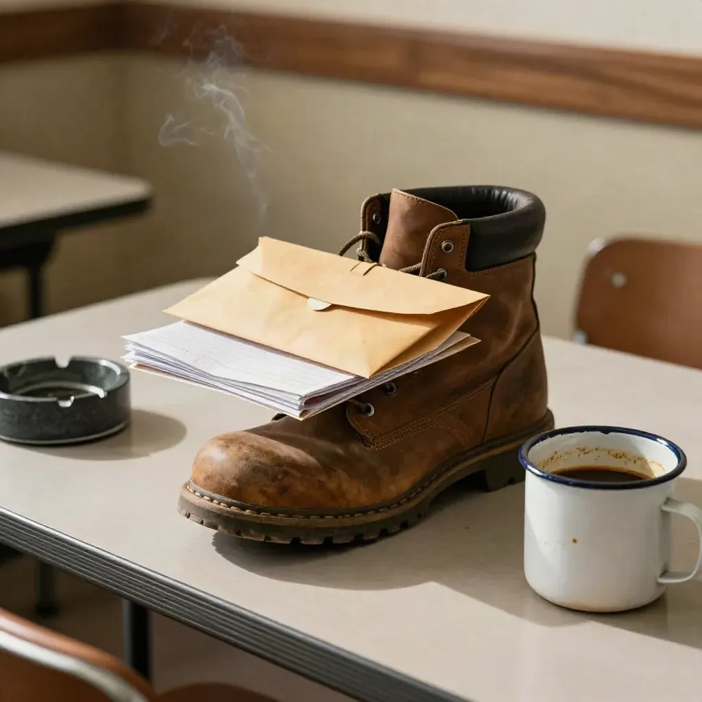 Stivale da lavoro, buste paga piegate, busta paga e tazza smaltata su tavolo mensa