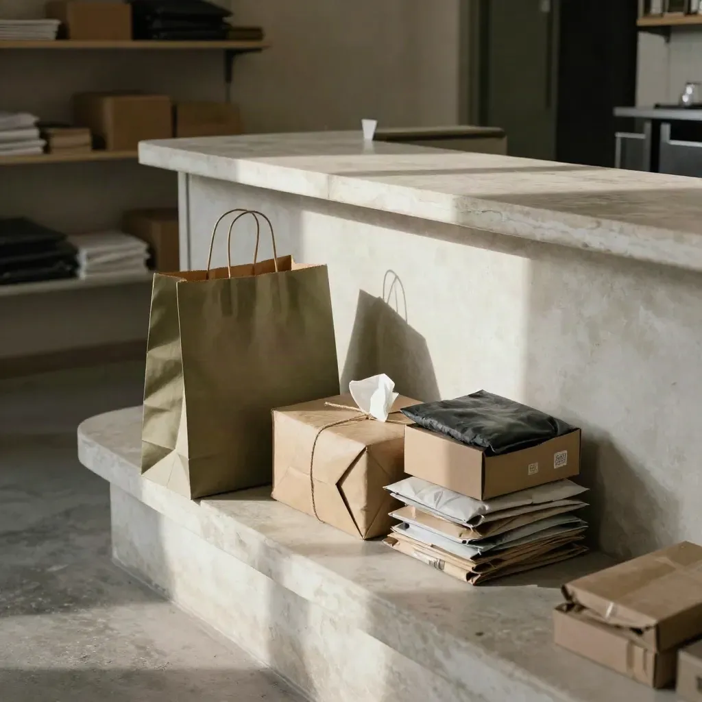 Borsa e reso imballato su bancone in gesso, luce bassa e polvere dorata