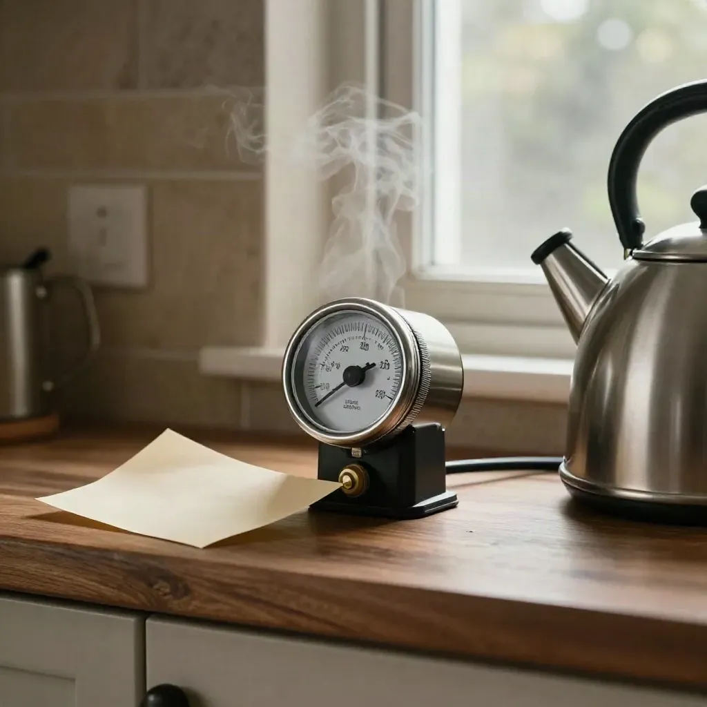 Contatore elettrico, bolletta piegata e bollitore fumante su un davanzale di cucina