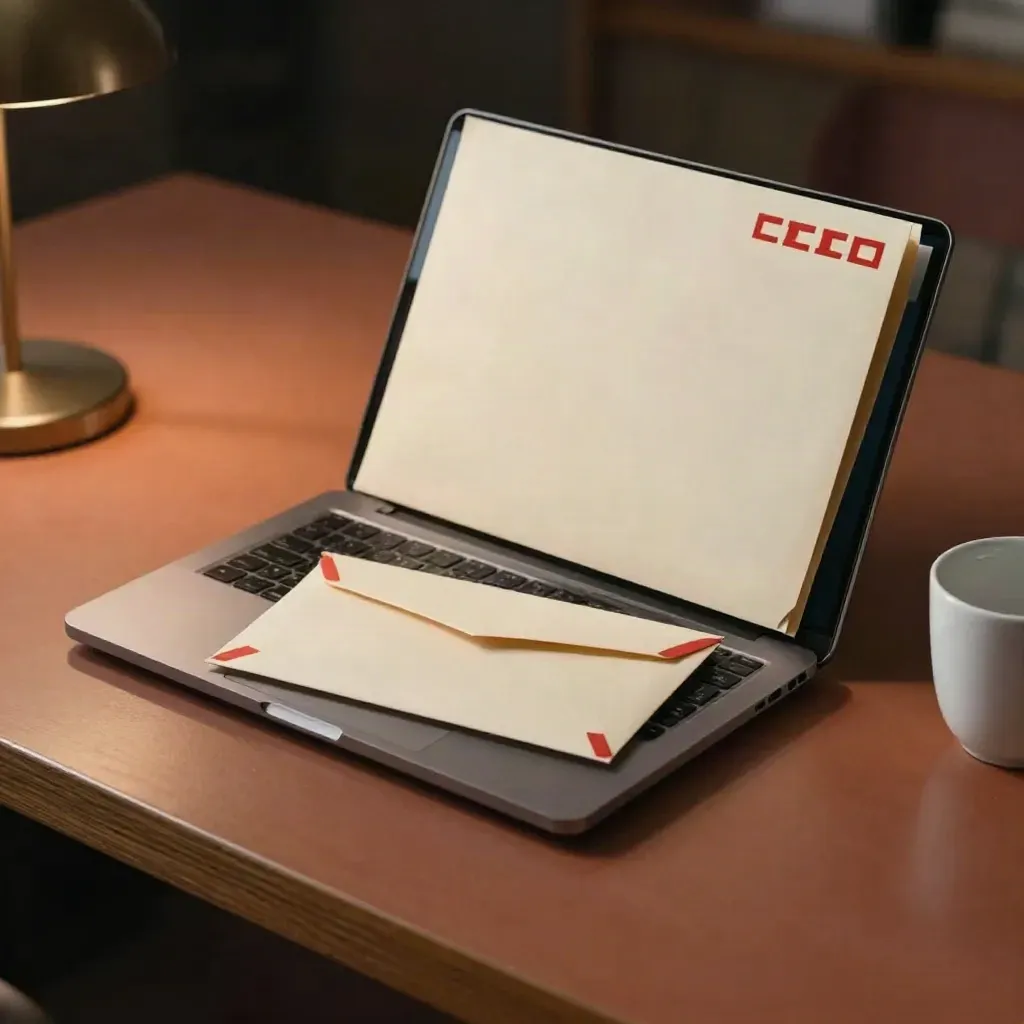 Scrivania formale con laptop chiuso, busta affrancata, cartella sigillata e tazza bianca.