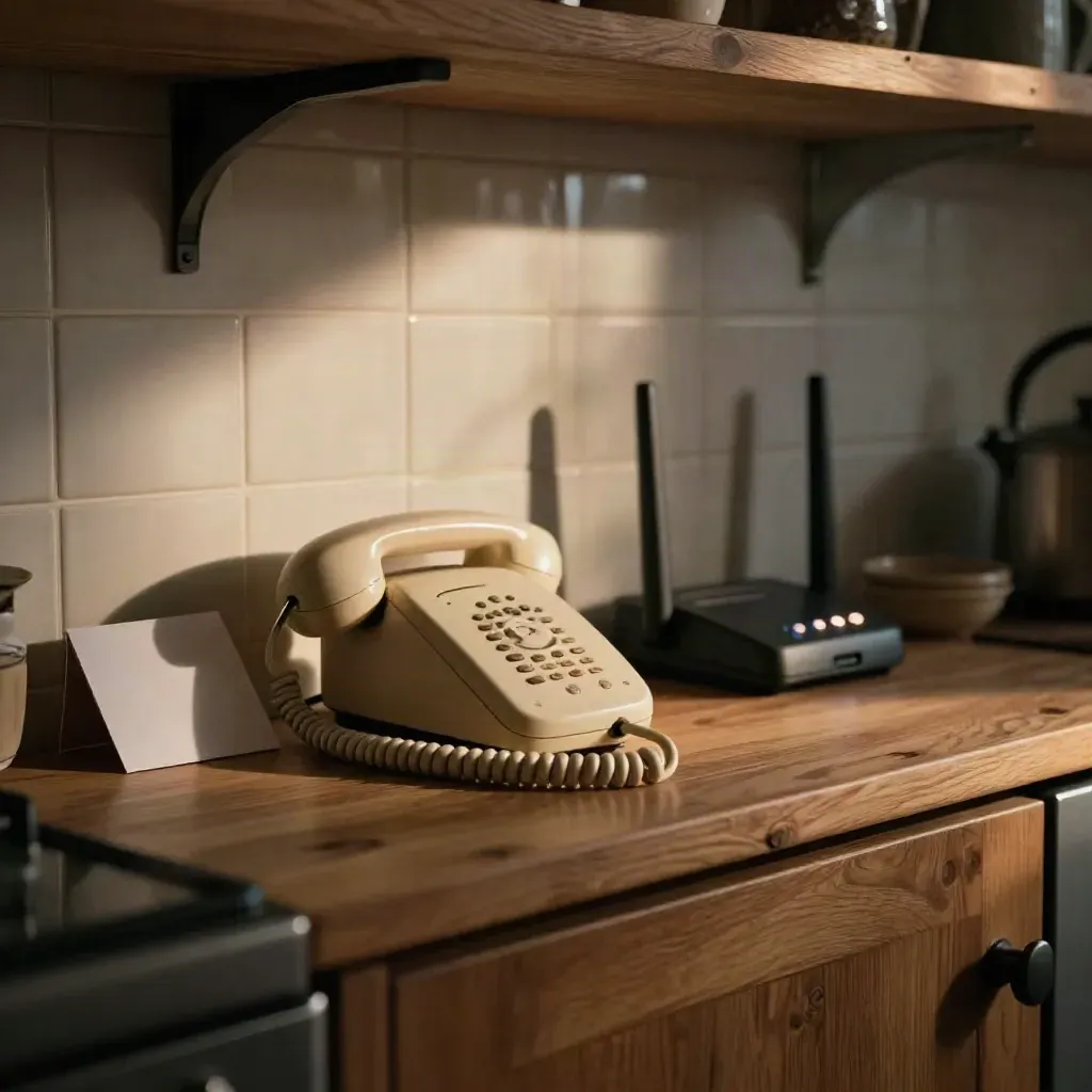 Cornetta di telefono su mensola di cucina con router sfocato e biglietto piegato.