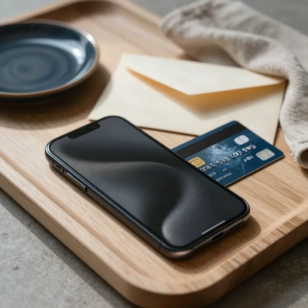 Smartphone, carta bancaria, busta aperta e ciotola in ceramica su vassoio di legno.