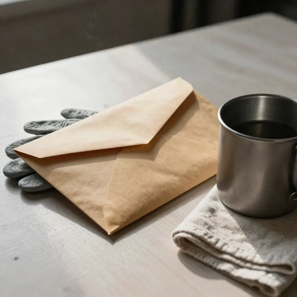 Busta paga chiusa con guanti da lavoro, tazza in acciaio e lino su legno chiaro